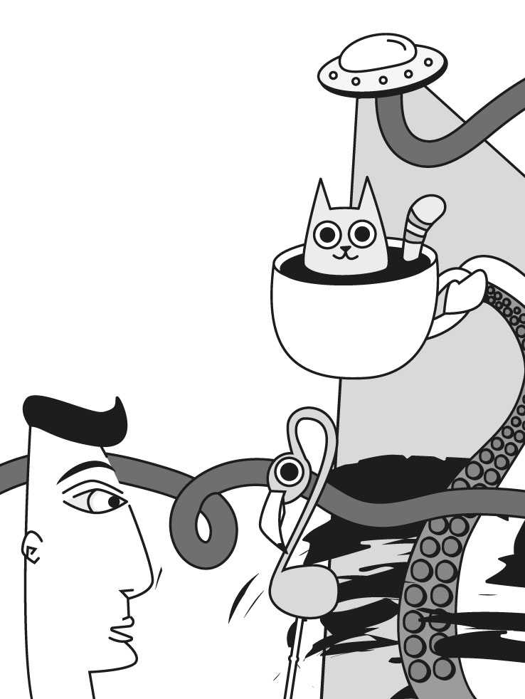 detalle de la ilustración diseñada para los vasos de café mocay donde se ve un pulpo sujetando una taza con un gato dentro, un ovni, un flamenco y la cara de un señor de aire picassiano
