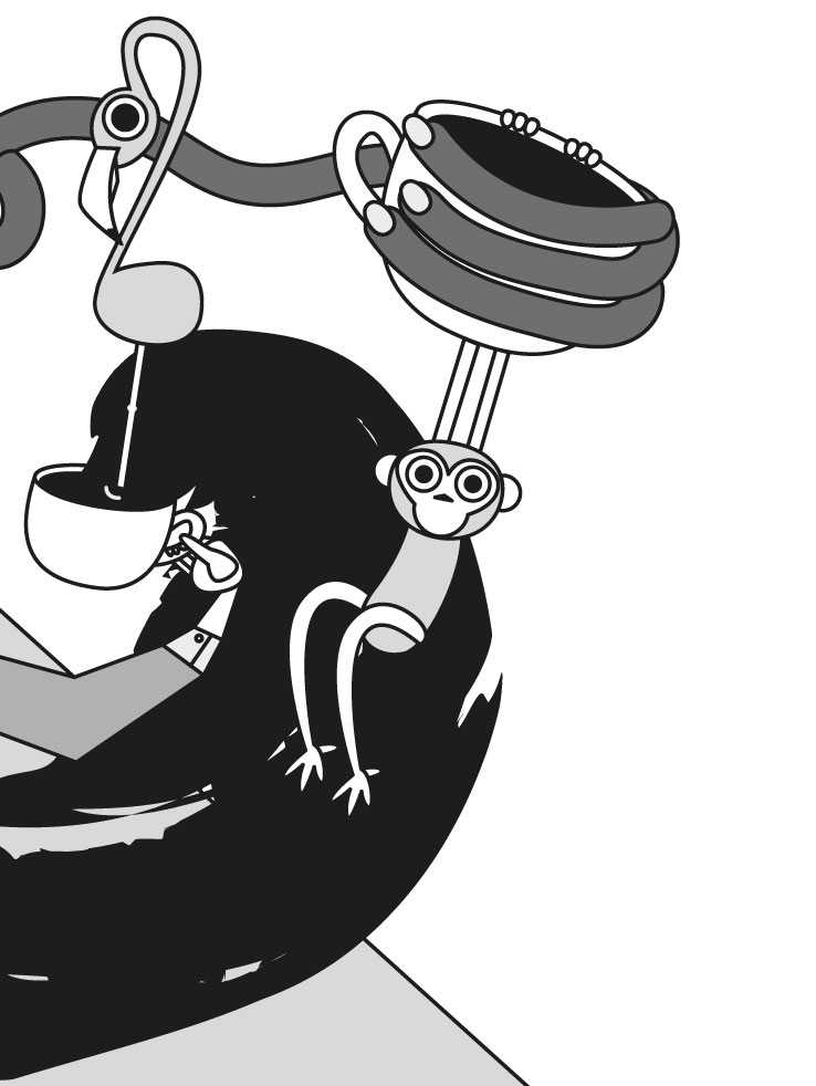 detalle de la ilustración diseñada para los vasos de café mocay donde se ve un brazo que sujeta una taza con un flamenco dentro y un mono agarrado a otra taza de café